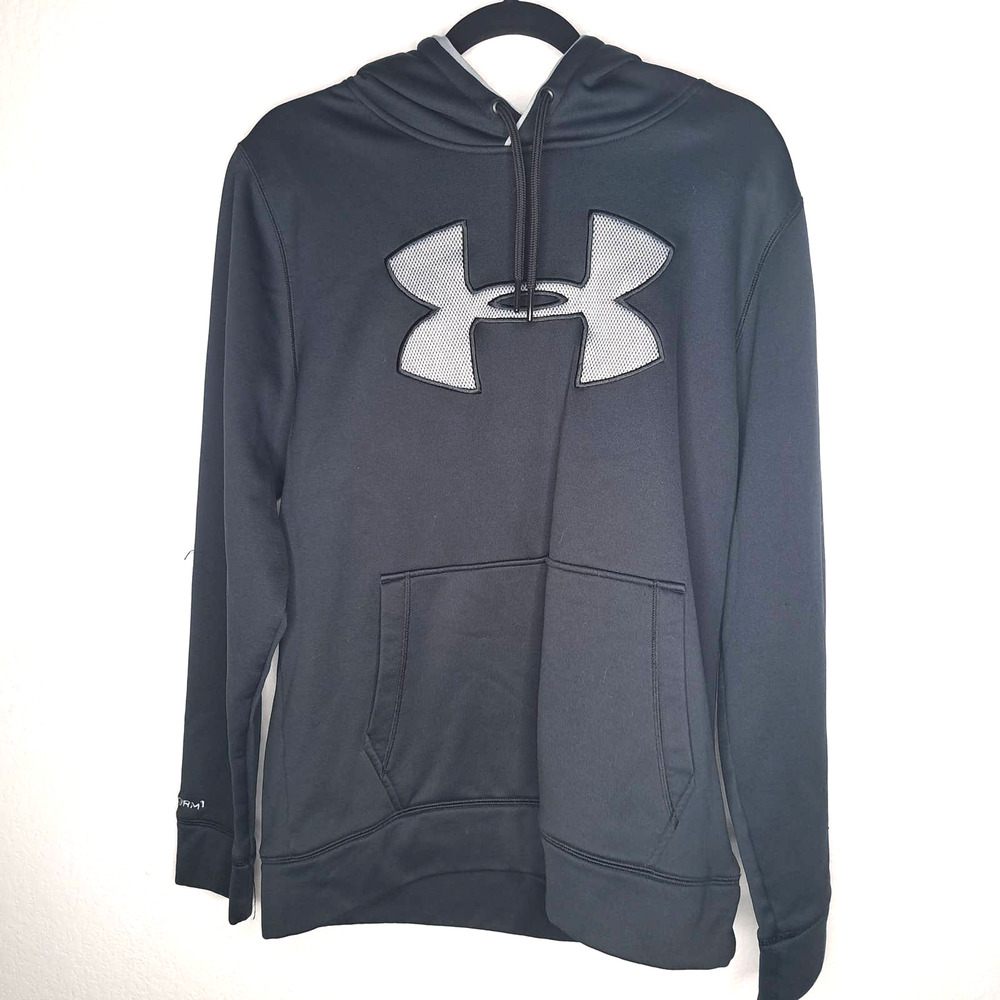 Under Armour Loose Fit Pullover Black/Grey Logo Hooded Sweater Men's Size Medium